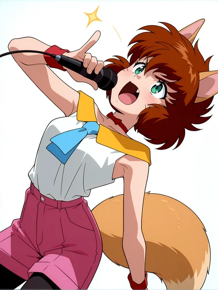 masterpiece,best quality,amazing quality,
1girl,solo,
anime screencap,<lora:koto_ilxl_v1.0:1>,koto,brown hair,green eyes,whiskers,fang out,
k_clothes,yellow collar,red ribbon choker,white sleeveless shirt,blue necktie,pink shorts,fox tail,black_pantyhose,k_m,holding microphone,
<lora:Fixhands_anime_bdsqlsz_V1:1>,standing,white_background,simple_background,shouting,front view,upper_body,finger gun,dynamic_angle,cinematic_angle,dutch angle,arched_back,hand up,