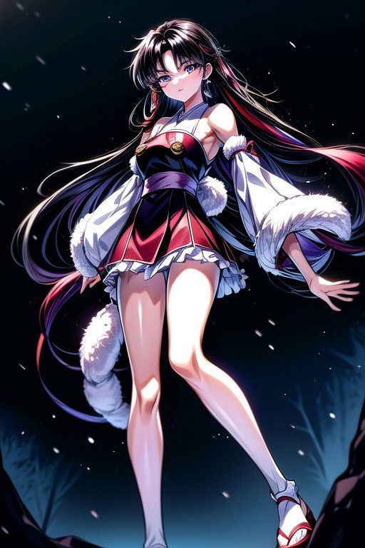 masterpiece,  best quality 1girl Setsun4 solo long hair,  (night time) forest background black hair very long hair purple eyes multicolored hair armor (fur trim) (medium body),<lora:EMS-179-EMS:0.800000>,<lora:EMS-293862-EMS:0.800000>ascot, bare shoulders, black footwear, detached sleeves, embellished costume, frills, japanese clothes, nontraditional miko, red skirt, sandals, sarashi, skirt, socks, armor, miko