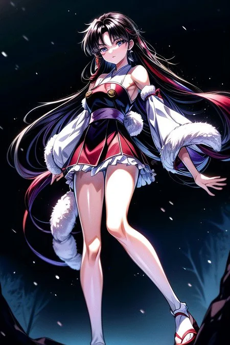 masterpiece,  best quality 1girl Setsun4 solo long hair,  (night time) forest background black hair very long hair purple eyes multicolored hair armor (fur trim) (medium body),<lora:EMS-179-EMS:0.800000>,<lora:EMS-293862-EMS:0.800000>ascot, bare shoulders, black footwear, detached sleeves, embellished costume, frills, japanese clothes, nontraditional miko, red skirt, sandals, sarashi, skirt, socks, armor, miko