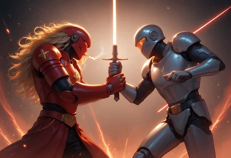 masterpiece,best quality, highly detailed, score_9, score_8_up, score_7_up, score_6_up,source_anime,
((((duel, magical duel)))),
2boy, wide shot of a men fighting, holding a plasma sword, holding plasma sword, , 2boys, retro aesthetic, cross guard,(( knuckle guard )), engravings, chrome guard, perfect handle, smoking laser blade, space suit, glass helmet, silver suit, muscular, alien world, ray punk, solo, handsome face, flowing hair, blonde hair, holding sword, laser sword with exquisite knuckle guard and cross guard, manly face, straight handle, straight blade, intricate handle, proper grip, duel, 1 vs 1, ((clashing blades)), sparks, robot, scary robot, fighting robot, holding handle with 2 hands, chrome armor, red armor, perfect hands, action pose, dynamic, side view.