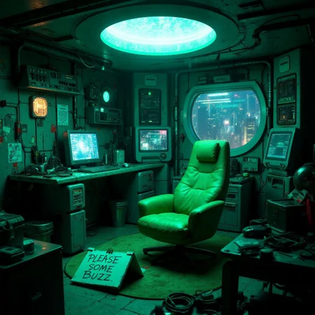 futuristic setting. inside a cyber-room  is a green empty chair. there a futuristic computers an cables everywhere. a cyan glow is outside. in the room there is a futuristic messy table. on the table there is a folding sign out of cardboard. on the sign is written "BRB! Please leave some buzz"