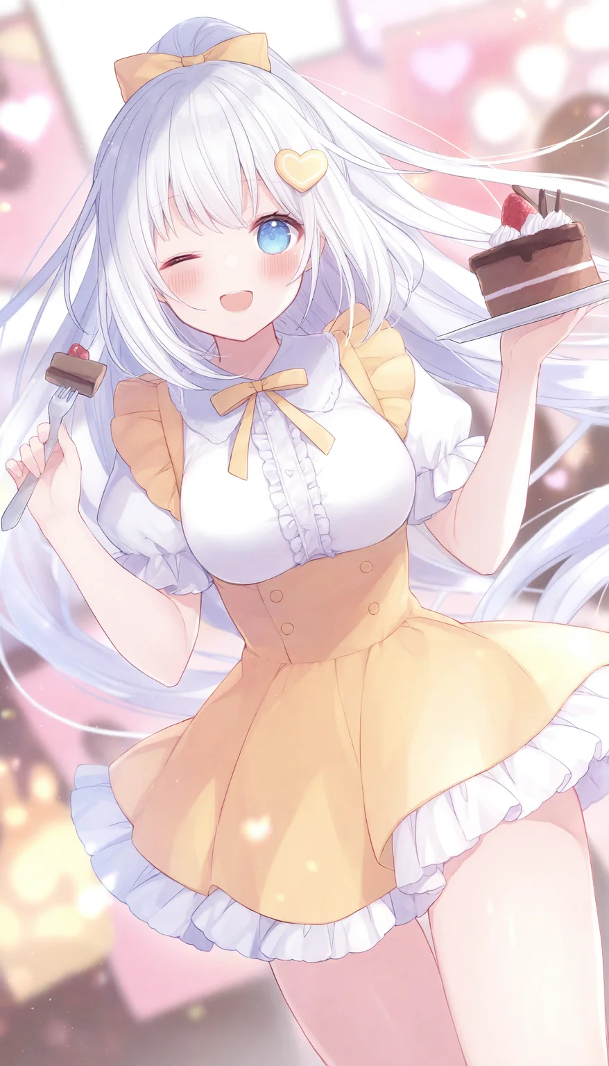 1girl, blue eyes, one eye closed, solo, long hair, cake, holding, smile, white hair, food, fork, ponytail, holding fork, open mouth, very long hair, blush, short sleeves, looking at viewer, bow, dress, breasts, shirt, heart, frills, ribbon, ;d, medium breasts, skirt, hair ornament,
masterpiece,best quality,newest,absurdres,highres,very awa,<lora:sei3_noob1.1-000200:0.8>,