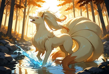 masterpiece, best quality, solo, forest, zzNinetales, female, amber eyes, playing, in crystal-clear pond, glowing water ripples, serene and tranquil atmosphere, soft lighting, detailed water effects, fur, fluffy tails, fluffy body, (partially submerged), wet fur, warm lighting, action shot, happy, joyful, splashing, mouth open, teeth, fangs, viewed from side