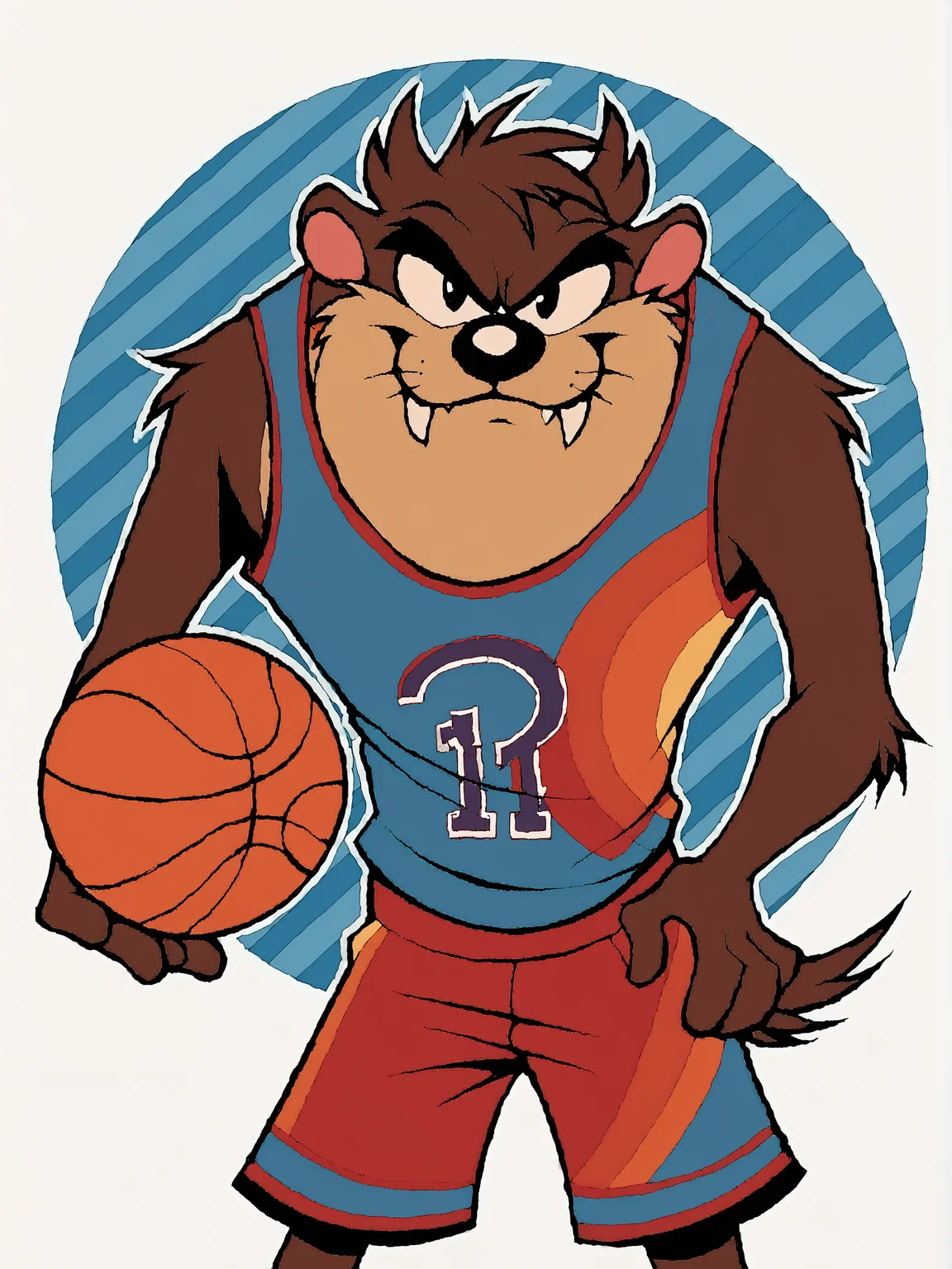 score_9, score_8up, score_7up, score_6up, score_5up, score_4up, abstract background, source_furry, rating_safe, BREAK
solo, male, 1boy,furry, anthro, t@z, brown body, black eyes, fangs, basketball jersey, basketball shorts, (basketball:0.7), BREAK
<lora:Taz__Tasmanian_Devil_-_Looney_Tunes_-_PDXL:1>