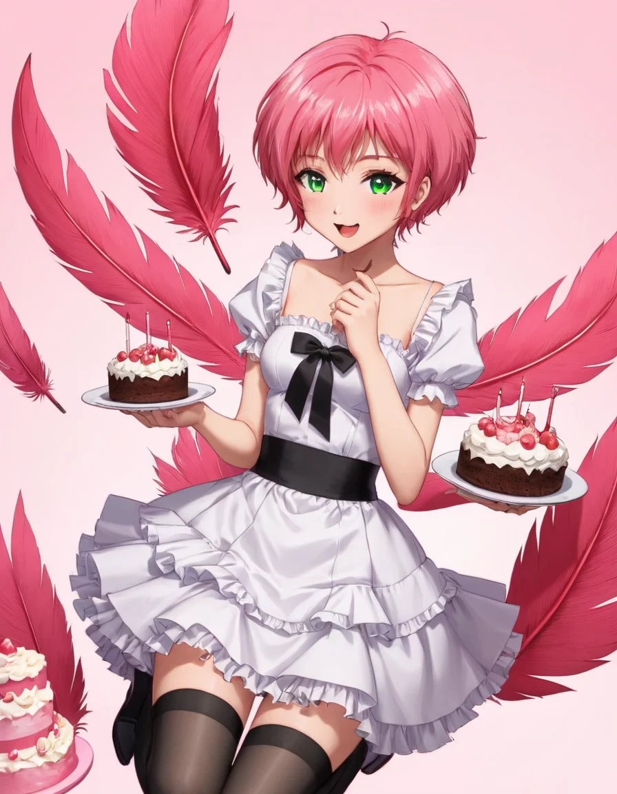 1girl,solo,black_ribbon,black_thighhighs,blush,cake,cake_slice,collarbone,dress,dutch_angle,eating,feathers,food,frilled_dress,frills,from_above,holding,holding_food,looking_at_viewer,nail_polish,open_mouth,red_feathers,ribbon,short_sleeves,simple_background,supreme_(module),thighhighs,white_background,white_dress,<lora:Aelita_code_lyoko_For_SDXL_V1.0:0.5>,small breasts,green eyes,pink hair,short hair,unaestheticXL_Alb2,