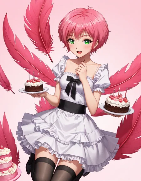 1girl,solo,black_ribbon,black_thighhighs,blush,cake,cake_slice,collarbone,dress,dutch_angle,eating,feathers,food,frilled_dress,frills,from_above,holding,holding_food,looking_at_viewer,nail_polish,open_mouth,red_feathers,ribbon,short_sleeves,simple_background,supreme_(module),thighhighs,white_background,white_dress,<lora:Aelita_code_lyoko_For_SDXL_V1.0:0.5>,small breasts,green eyes,pink hair,short hair,unaestheticXL_Alb2,