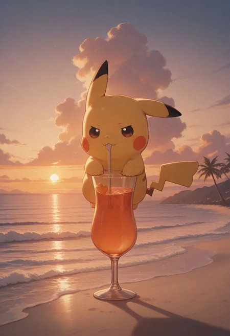 masterpiece, by piaki, best quality, very detailed,
Outdoor, sea, beach in background, palmtrees formong a heart, ozean, sunset, lovey dovey place, pikachu drinking a cocktail,