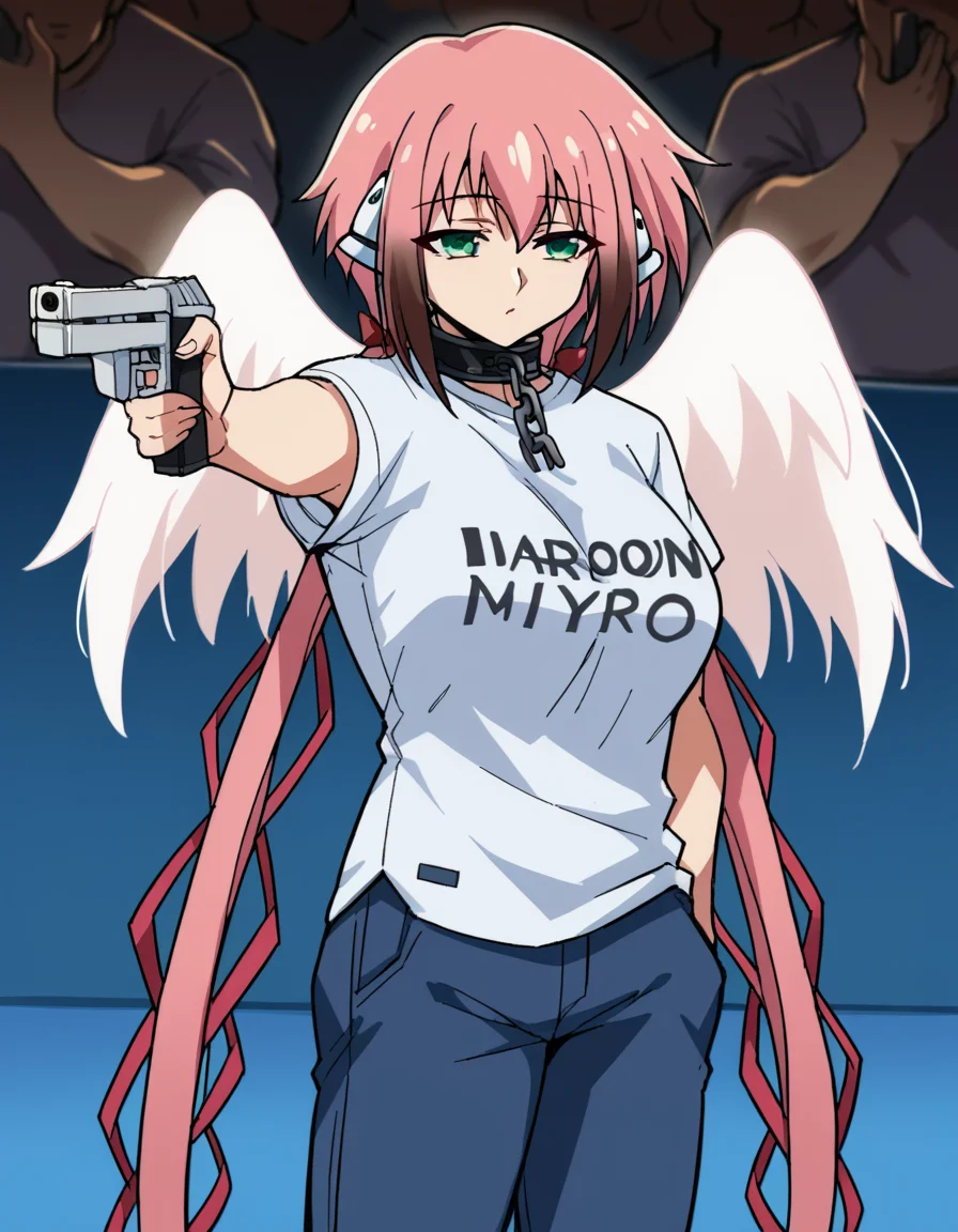 score_9, score_8_up, score_7_up, source_anime, <lora:ikaros-s2-ponyxl-lora-nochekaiser:1>, ikaros, long hair, bangs, large breasts, twintails, very long hair, green eyes, hair ribbon, pink hair, angel wings, robot ears, collar, chain, large breasts,, <lora:yusuf-dikec-ponyxl-lora-nochekaiser:1> yusuf dikec, yusuf dikec (meme), meme, hand in pocket, handgun, holding gun, gun, shirt, t-shirt, pants, audience,, , cowboy shot,