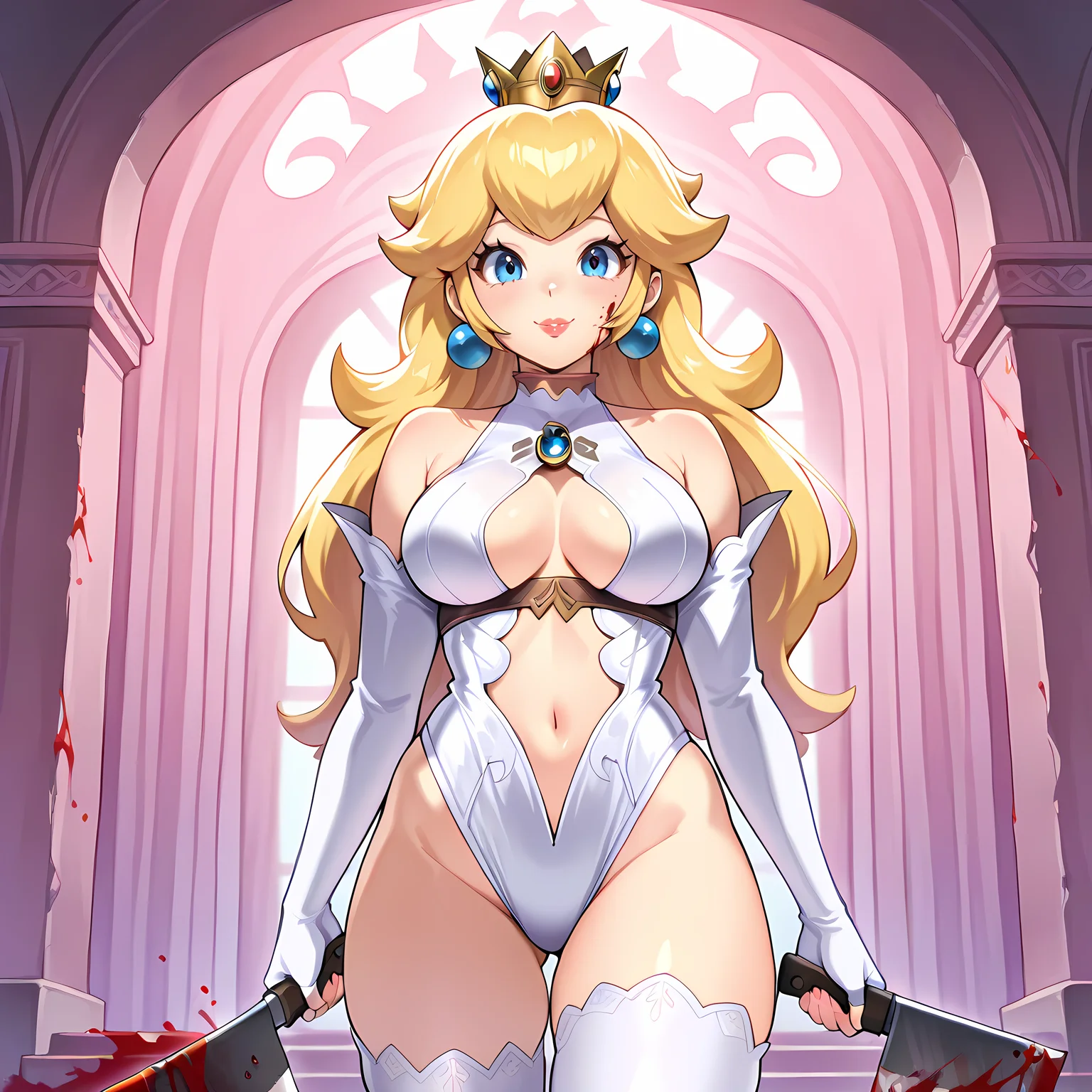 Masterpiece, newest, perfect quality, best quality, official art, 1girl, Princess Peach, holding Cleaver Knife, blood splatter, looking at viewer, smile, 4g4rth4n, white leotard,center opening, navel, elbow gloves, white gloves, fingerless gloves, white thighhighs