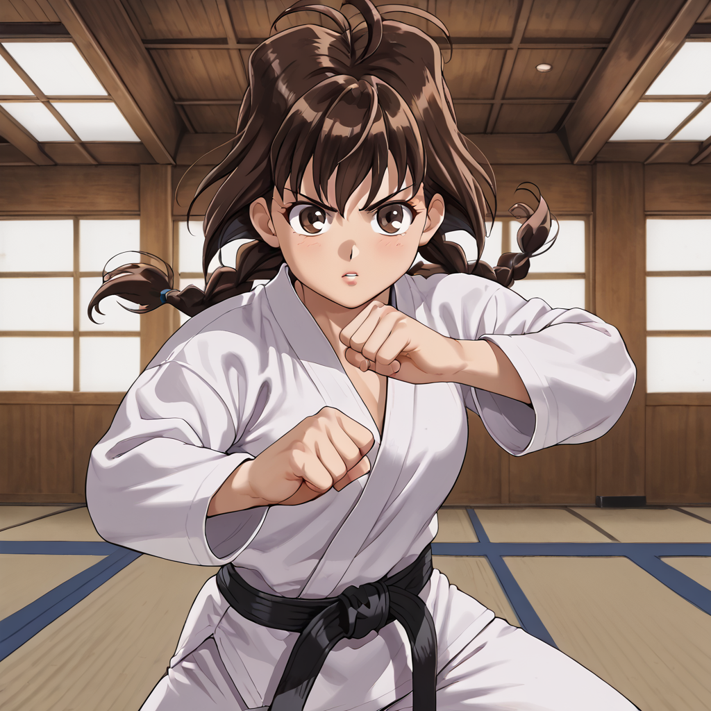 indoors, dojo, <lora:Jiyuu_Nanohana:1> jiyuu, 1girl, solo, brown hair, twin tails, braids, bangs, brown eyes, focused expression,   <lora:karate_pony_V1.0:1> karate, belt, black belt, karate gi, fighting stance