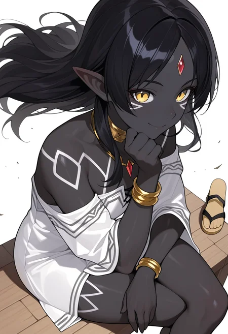 Smooth Quality,masterpiece,beautiful aesthetic, very intricate, high quality details, ultra realistic, high detailed skin
simple background, white background,
from above,sitting, legs crossed, hand on chin, smiling, relaxed,  ,| |,
wind,
<lora:ZadirisCnn:0.8> Zadiris/cnn, zadiris/evo, 1girl, pointy ears, facial mark, bare shoulders, long hair, tattoo, forehead jewel, bracelet
dress, sandals,yellow eyes, thighs, small ass, 
black hair, black skin, colored skin,