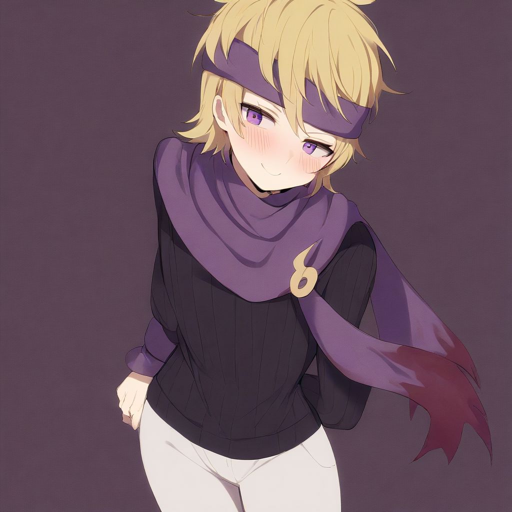 1boy, blonde hair, purple eyes, purple headband, purple scarf, black sweater, ribbed sweater, white pants, solo, best quality, high quality, very aesthetic, abusrdres, smile, blush