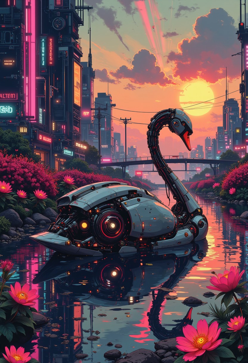 In a serene, glassy pond surrounded by holographic blossoms, a cyborg swan with luminescent metal plumage rests, its sleek body blending mechanical precision and natural grace. The sunset above casts long beams of radiant orange and soft purples across the scene, highlighting the intricate details of the swan’s cybernetic enhancements. In the distance, a futuristic city stretches towards the horizon, its high-rises reflecting the sky’s fading colors. As the swan moves, the gentle ripples in the pond create a mesmerizing dance of light, evoking a sense of peace and wonder in this sci-fi paradise.