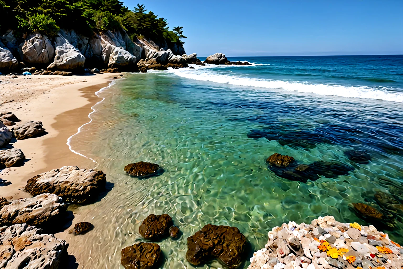 Stable_Yogis_PDXL_Positives,<lora:sdxl_lightning_8step_lora:1>,Depict a secluded beach with rocky outcrops and tide pools filled with colorful marine life, The gentle waves lap at the shore, creating a peaceful and inviting atmosphere,âââ