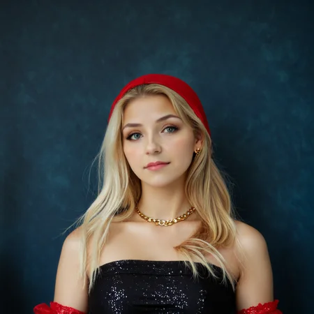 portrait photography of Blondy_V01_XL, solo, blonde hair, long hair, realistic, 1girl, dressed in black tube top, gold necklace, gold arm cuff, red headwrap, dark blue backdrop, subtle texture, glowing edge, head tilt, gazing upwards, holding flowers, close-up shot, high resolution, natural light, shallow depth of field, at the lake fantastic colors, broad light, rim light, iridescent accents, Muted color palette, (bilaterally symmetrical:1.4), shot on Hasselblad 907X with Hasselblad XCD 30mm f-3.5, photo by Tina Barney,
