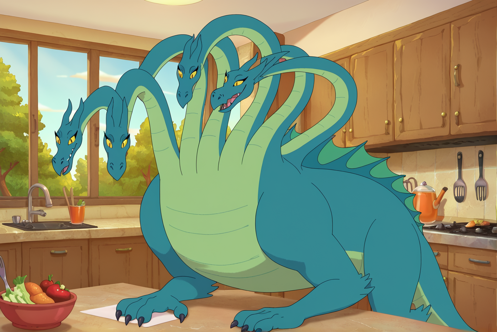 score_9, score_8_up, score_7_up, score_6_up, Detailed Background, BREAK
<lora:Camille_the_Hydra_Krapopolis:0.8>, 1girl, Camille, Hydra, Multiple heads, Dragon, BREAK
Kitchen, chef hats, apron,