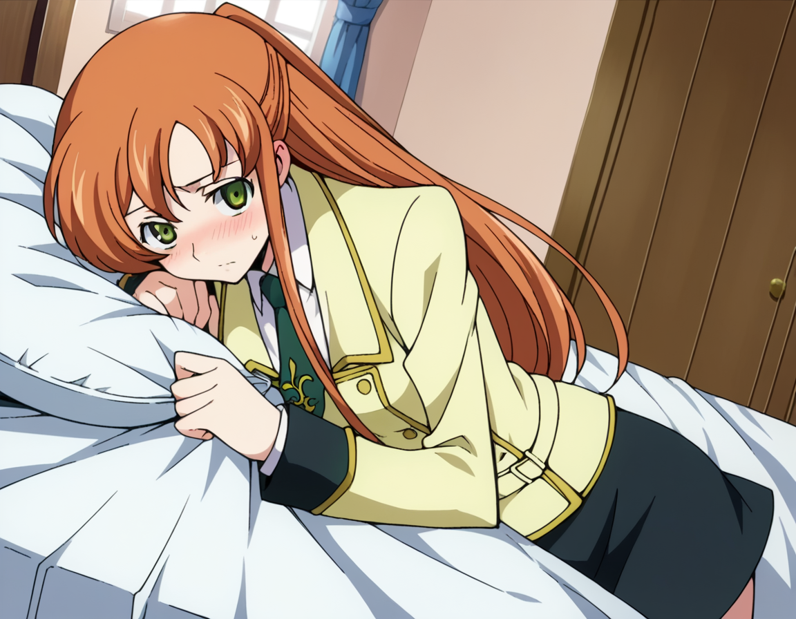 score_9, score_8_up, score_7_up, source_anime,
shirleyfenette, <lora:shirley-fenette-s1-ponyxl-lora-nochekaiser:1>,
shirley fenette, orange hair, green eyes, half updo, long hair,
ashford academy school uniform, buttons, long sleeves, necktie, school uniform, skirt, black skirt,
indoors, bed, bed room, on side, blush, drunk,
looking at viewer, dutch angle, cowboy shot, solo,