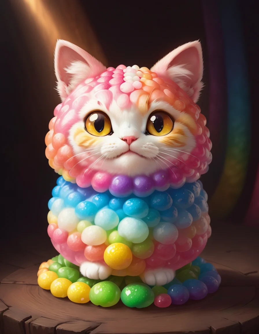 very cute appealing anthropomorphic gumdrop cat, rainbow gradient, pink fur, looking at the viewer, macro, cinematic lighting, fantasy art, dynamic composition, epic realistic, award winning illustration  <lora:FoodPets:1> Foodpets