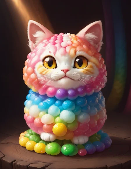 very cute appealing anthropomorphic gumdrop cat, rainbow gradient, pink fur, looking at the viewer, macro, cinematic lighting, fantasy art, dynamic composition, epic realistic, award winning illustration <lora:FoodPets:1> Foodpets