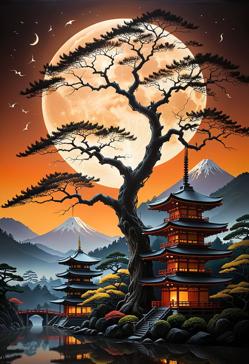 Create a captivating artwork of a grand tree resembling the Bodhi tree, under the glow of a full moon in a serene Edo Japan setting. The tree's branches are intricately detailed in the style of Mark Brooks, showcasing nature's elegance. The scene radiates tranquility and mystery, capturing the essence of Japanese art. The soft moonlight adds an ethereal touch, illuminating the landscape. Inspired by Greg Rutkowski and Mario Testino, the painting blends traditional Japanese aesthetics with contemporary flair. The detailed art, reminiscent of Marc Simonetti's style, immerses viewers in a rich and captivating world. The warm sunset hues evoke peace and serenity, creating a mesmerizing piece that enchants with its intricate details on a large canvas.