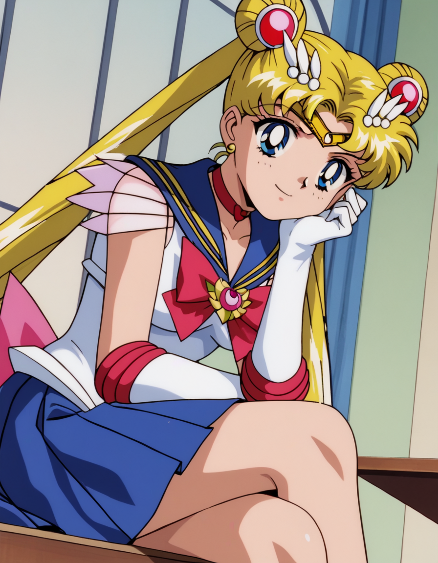 score_9, score_8_up, score_7_up, source_anime, <lora:usagi-tsukino-supers-movie-ponyxl-lora-nochekaiser:1>, usagi tsukino, blonde hair, blue eyes, double bun, hair bun, hair ornament, long hair, twintails, circlet, parted bangs,, back bow, blue sailor collar, blue skirt, bow, brooch, choker, crescent moon, elbow gloves, gloves, jewelry, magical girl, pleated skirt, red bow, red choker, ribbon, sailor collar, sailor senshi uniform, skirt, white gloves,, indoors, smile, looking at viewer, solo, sitting, head rest,, cowboy shot, dutch angle