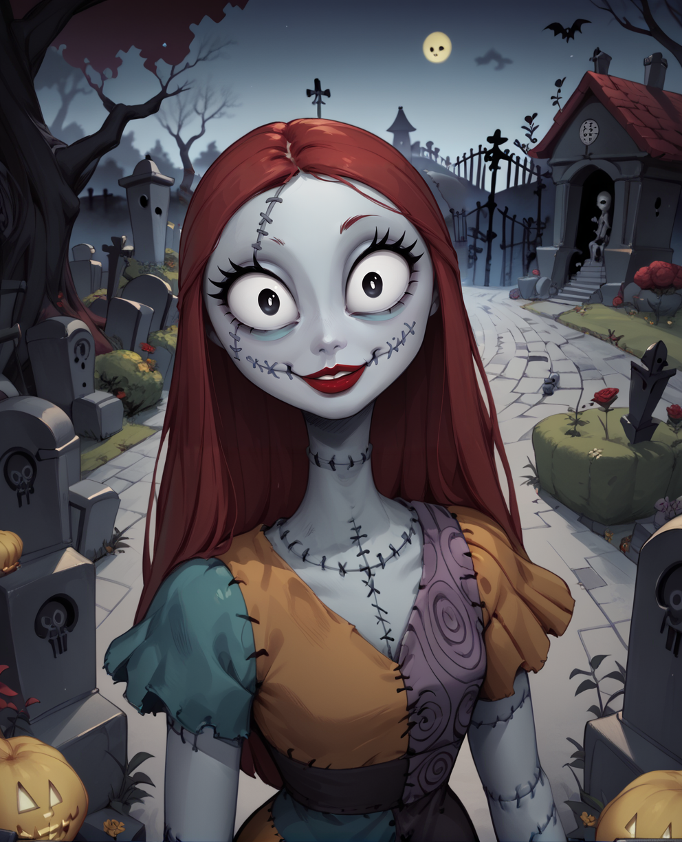 score_9,score_8_up,score_7_up,
Sallyxl,stitches,long red hair,black eyes,small pupils,large eyes,lipstick,
dress,smile,looking at viewer,,garden,
yellow moonlight,graveyard,trees,night,
<lora:Sally:0.9>,