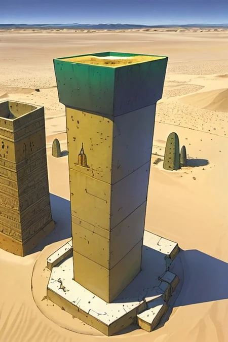 a cylinder tower on a desert,, medieval fantasy, moebius style, fantasy, desert, artwork