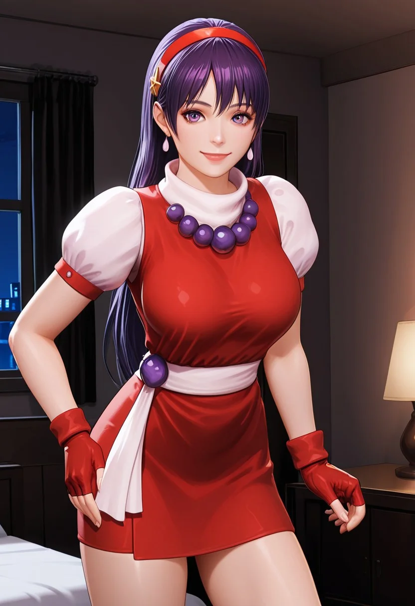 masterpiece, quality,worst,anime colouring, Athnea96, purple hair, long hair, red hairband, beads, red vest, white puffy sleeves, red skirt,belt,miniskirt,fingerless gloves,3d, realistic,large breasts,Smile,closed mouth, Interior, room, bed, dark room, window, night light,cowboy shot,