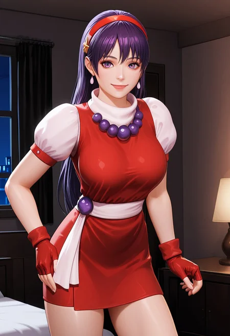masterpiece, quality,worst,anime colouring, Athnea96, purple hair, long hair, red hairband, beads, red vest, white puffy sleeves, red skirt,belt,miniskirt,fingerless gloves,3d, realistic,large breasts,Smile,closed mouth, Interior, room, bed, dark room, window, night light,cowboy shot,