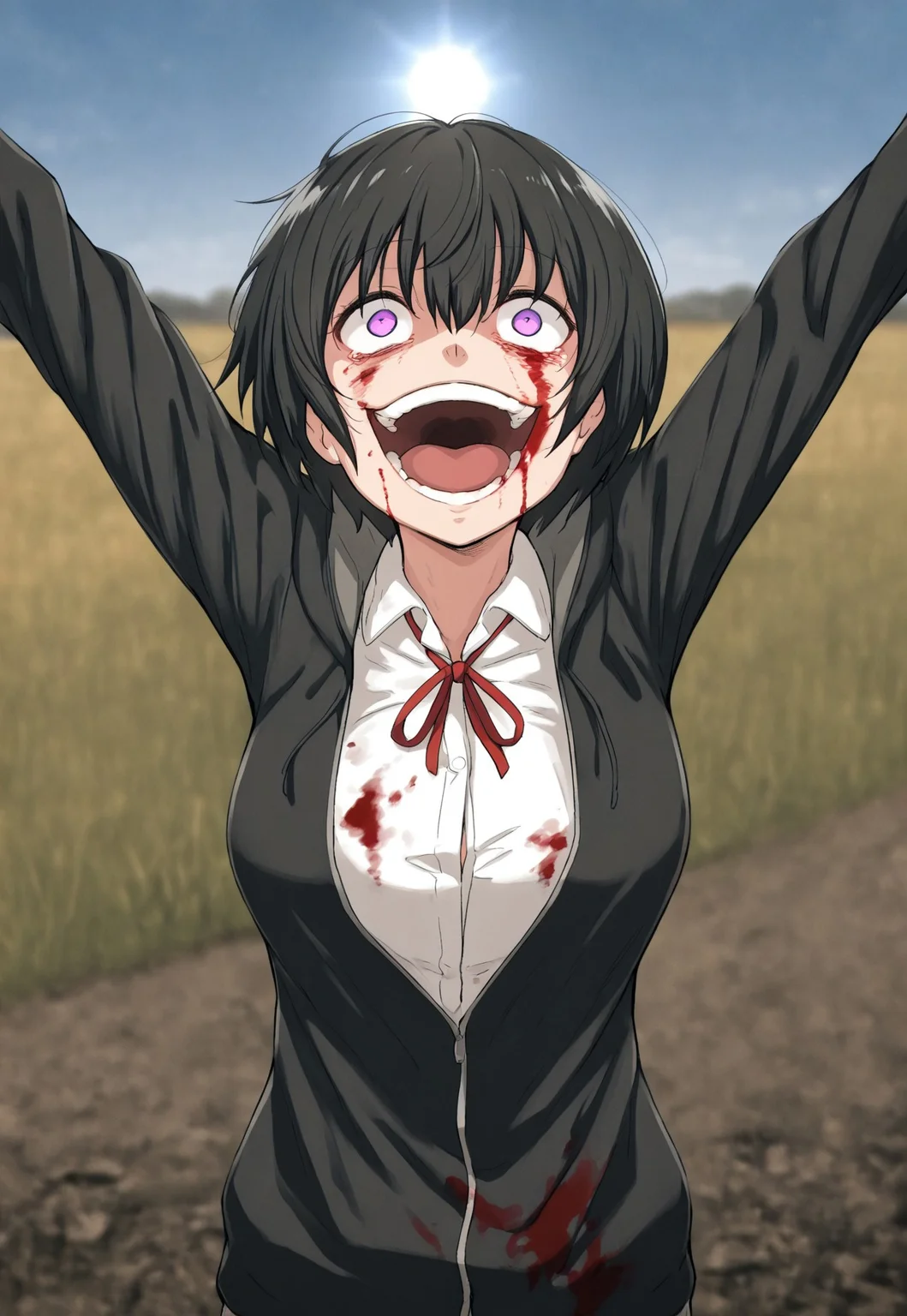 high contrast, masterpiece, best quality, amazing quality, very aesthetic, high resolution, ultra-detailed, absurdres, (solo, 1girl), k_short, black hair,bob cut,purple eyes,hair between eyes, k_clothes,white shirt,red ribbon tie,black jacket, PraiseTS-V1.0, \o/, outstretched arms, praise the sun, arms up, addmicrodetails, straight-on, smile, looking up, daylight, sun, blue sky, (blurred background, field of depth:1.3), gojoendef, crazy eyes, crazy smile, looking at viewer, smile, open mouth, upper body, teeth, tongue, blood, outstretched arms, blood on face, blood on clothes,