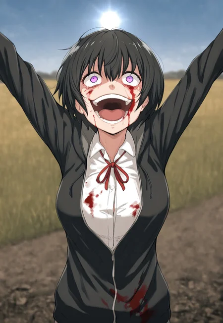 high contrast, masterpiece, best quality, amazing quality, very aesthetic, high resolution, ultra-detailed, absurdres, (solo, 1girl), k_short, black hair,bob cut,purple eyes,hair between eyes, k_clothes,white shirt,red ribbon tie,black jacket, PraiseTS-V1.0, \o/, outstretched arms, praise the sun, arms up, addmicrodetails, straight-on, smile, looking up, daylight, sun, blue sky, (blurred background, field of depth:1.3), gojoendef, crazy eyes, crazy smile, looking at viewer, smile, open mouth, upper body, teeth, tongue, blood, outstretched arms, blood on face, blood on clothes,