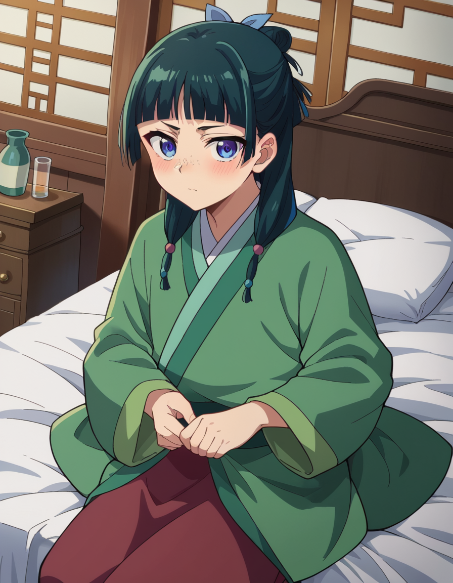 score_9, score_8_up, score_7_up, source_anime,
maomao, <lora:kusuriya-maomao-s1-ponyxl-lora-nochekaiser:1>,
maomao, long hair, bangs, blue eyes, hair ornament, green hair, blunt bangs, freckles, hair bun, single hair bun,
japanese clothes, robe, green robe, long sleeves, wide sleeves, skirt, red skirt,
indoors, bed, bed room, on side, blush, drunk,
looking at viewer, cowboy shot, dutch angle,