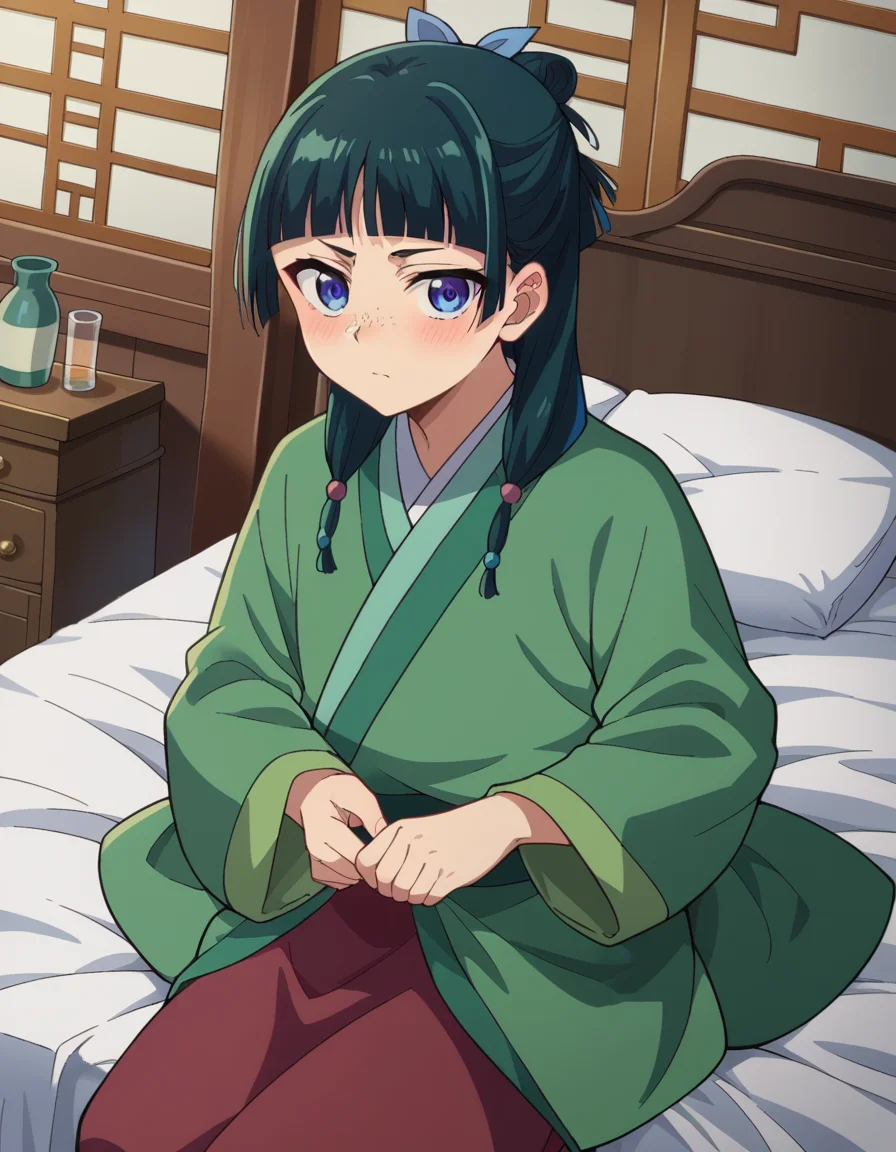 score_9, score_8_up, score_7_up, source_anime,
maomao, <lora:kusuriya-maomao-s1-ponyxl-lora-nochekaiser:1>,
maomao, long hair, bangs, blue eyes, hair ornament, green hair, blunt bangs, freckles, hair bun, single hair bun,
japanese clothes, robe, green robe, long sleeves, wide sleeves, skirt, red skirt,
indoors, bed, bed room, on side, blush, drunk,
looking at viewer, cowboy shot, dutch angle,