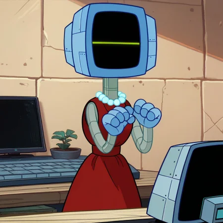 score_9, score_8_up, score_7_up BREAK, KarenSB, 1girl, robot girl, metal body, blue computer head, black screen, blue hands, wheels, pearl necklace, sleeveless red dress, green led smiley face,