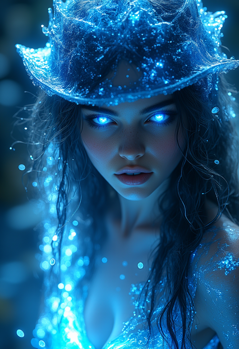 A beautiful woman with crystal blue glowing eyes and curly hair, wearing an ice hat, surrounded by icy water droplets, creates a surreal atmosphere. The art style is fantasy, with cinematic lighting and blue tones. It is a close-up portrait with a mysterious mood, depicting an ethereal beauty in a fantasy world, hkmagic, masterpiece, best quality, highly detailed, sharp focus, dynamic lighting