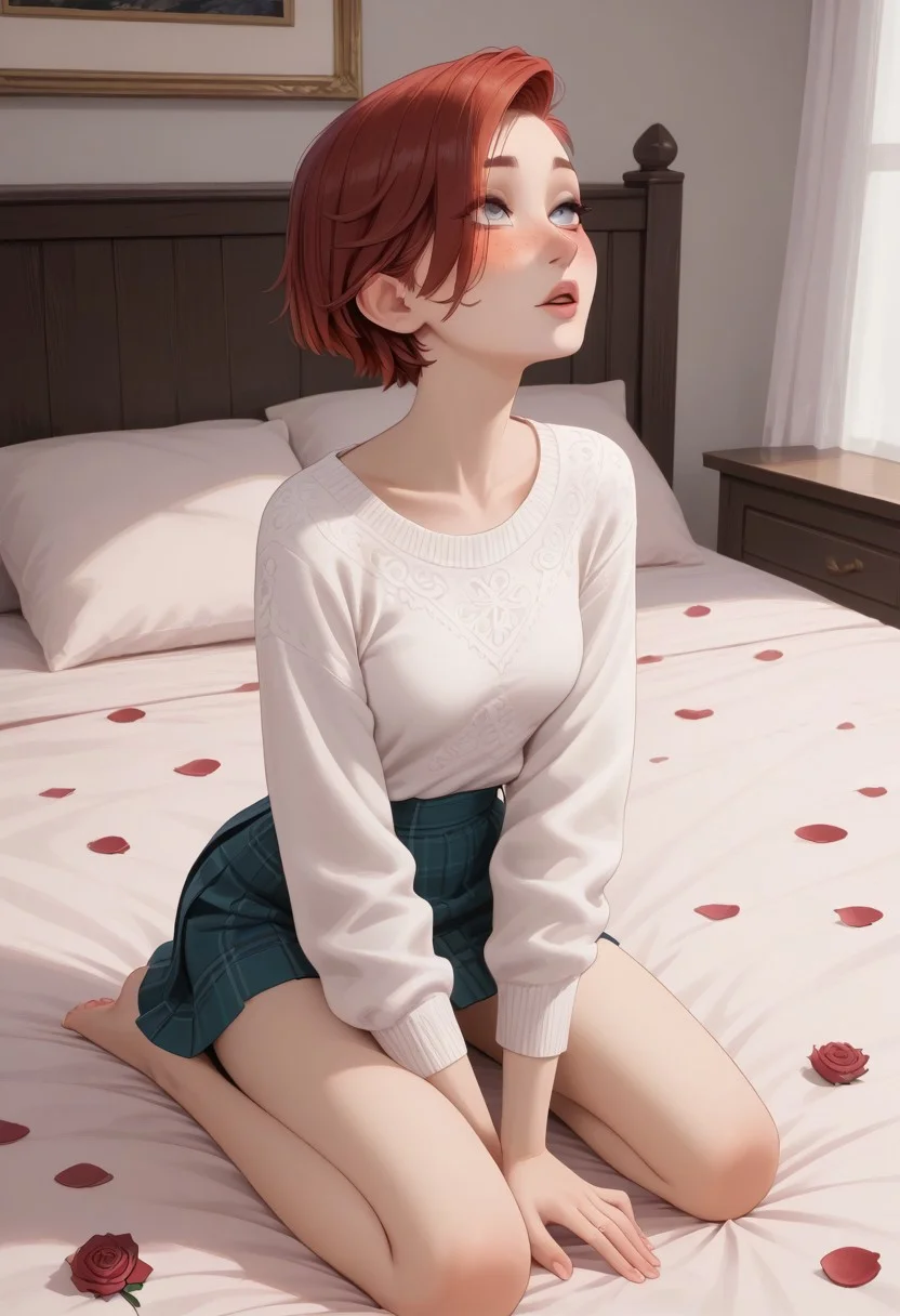 score_9, score_8_up, score_8, semi realistic, (perfect detailed face, detailed fingers, perfect face, detailed eyes). solo,
((1girl)), slim, medium breasts, short hair, red hair, shaved side , undercut , grey eyes, freckles, dark makeup,
black winter sweater, short skirt,
blush, on knees, on bed, looking up,
pink bedroom, girly bedroom, roses, rose petals, rose petals on bed, valentine, romantic atmosphere,