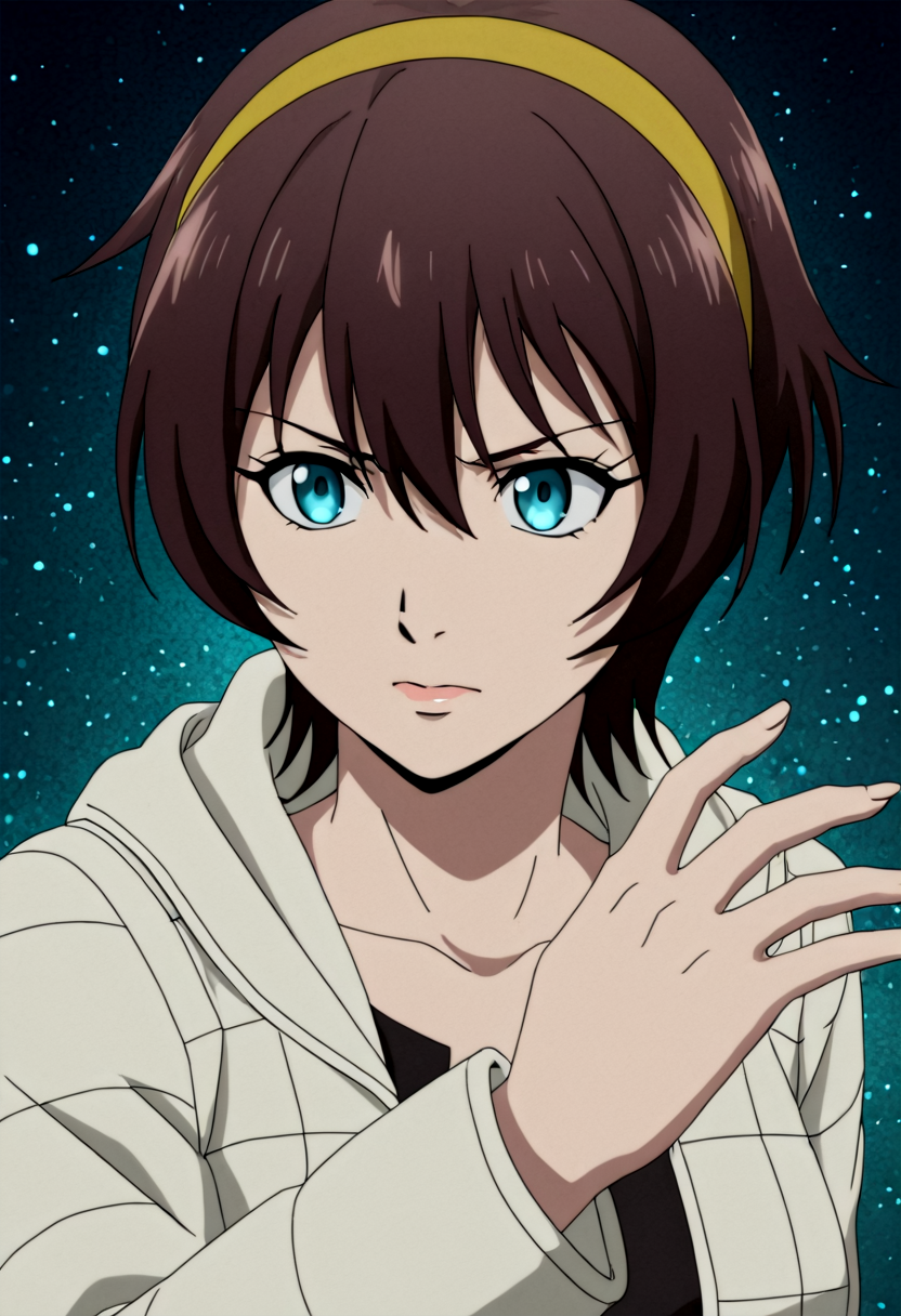 <lora:Yuu_IL_V3:0.9>,masterpiece, best quality, intricate details, gothic fantasy, upper body portrait, dramatic pose, confident gaze, cinematic lighting, clean background, glowing magical particles, detailed face, vibrant colors.,
Yuu_WhiteJacket,1girl,brown short hair,hair between eyes,blue eyes,medium breasts,yellow hairband,jacket,long sleeves,hood,