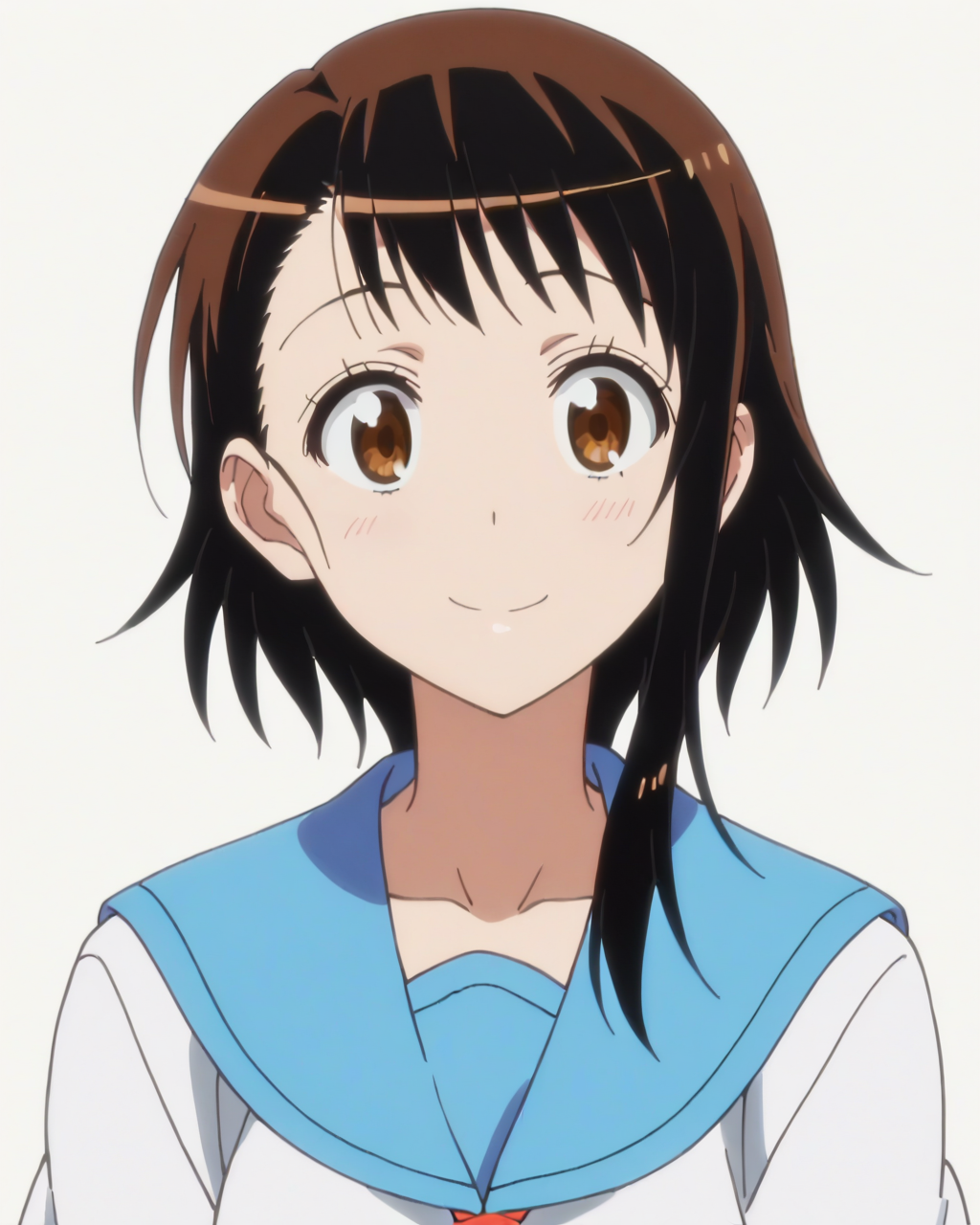 score_9, score_8_up, score_7_up, best quality, masterpiece, anime, anime screencap, anime coloring, looking at viewer, 1girl, solo, upper body, three quarters view, simple background, solid white background, <lora:kosaki-nisekoi:0.8>, kosaki onodera, school uniform, serafuku, smile