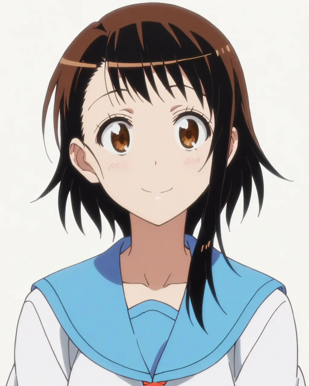 score_9, score_8_up, score_7_up, best quality, masterpiece, anime, anime screencap, anime coloring, looking at viewer, 1girl, solo, upper body, three quarters view, simple background, solid white background, <lora:kosaki-nisekoi:0.8>, kosaki onodera, school uniform, serafuku, smile