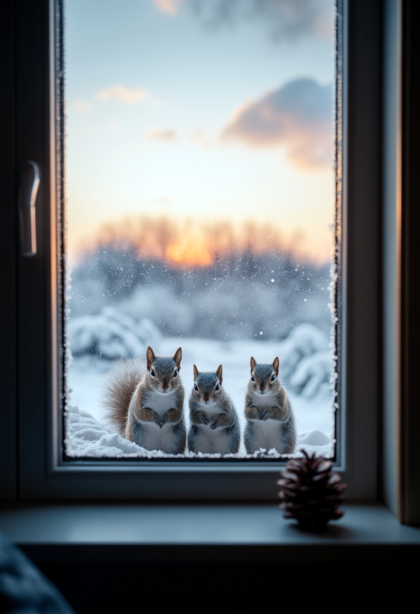 This is a very detailed photograph in a hyperrealistic style, the photo is taken from the inside, in a modern and dark room, framed on the large and wide window, a pine cone placed on the sill inside. Through the window we see three small gray squirrels of different sizes, standing behind the glass, facing forward, looking at the viewer, light blue eyes, behind them a huge snowy plain in the setting sun with sublime colors. A strong contrast between the darkness of the room and the setting sun in the snowy plain. A strong contrast also between the small size of the squirrels behind the glass and the immensity of the window. The shot is in close-up on the glass. 8k, uhd, masterpiece
