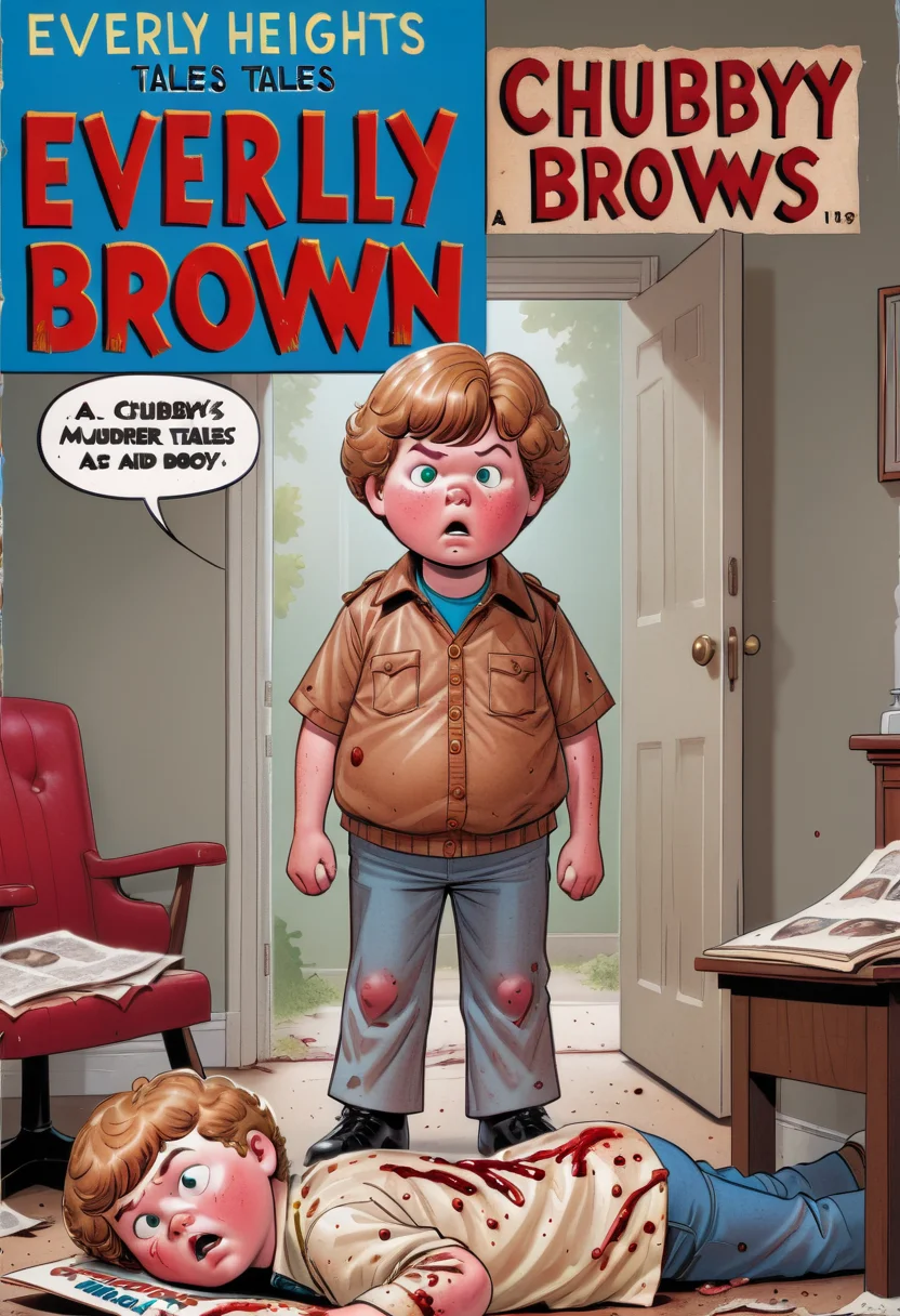 Vintage comic book with (title text: "EVERLY HEIGHTS TALES":1.2). A chubby Encyclopedia Brown boy investigates a murder and discovers a dead body. <lora:Everly_Heights_Comics:1>