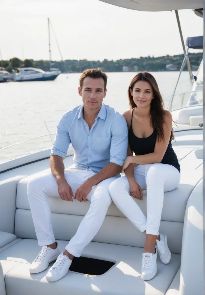 man 35 years old and young woman, sitting on the yacht, see at camera, white pants, white sneakers  <lora:Couple on yacht v.5:0.8>, <lora:Perfect Hands:1>