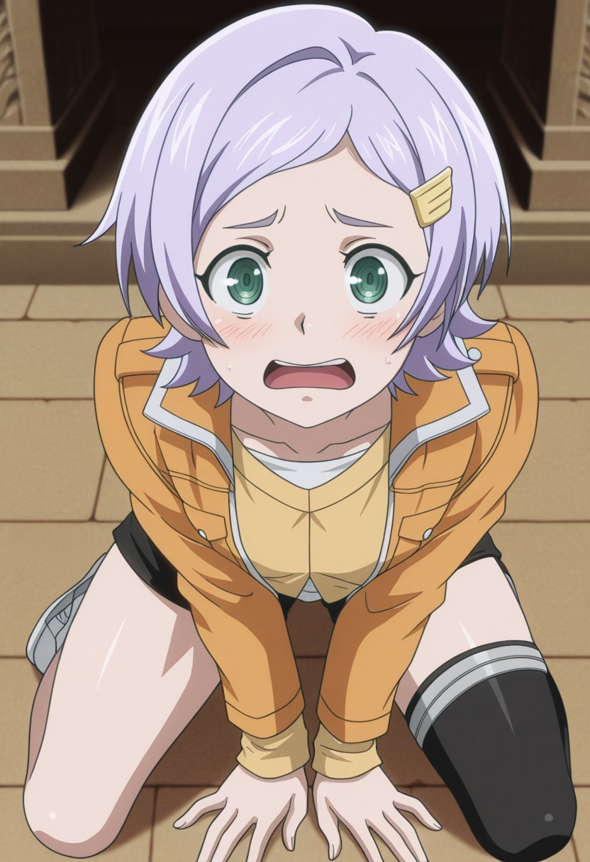 masterpiece,perfect quality,best quality,absolutely eye-catching,absurdres,highres,newest,anime coloring, anime screencap,(1girl,solo), Goll, purple hair, short hair, green eyes, orange jacket, black shorts, black thighhighs, asymmetrical legwear, popped collar, kneeling, on ground, open mouth, nervous, blush, looking at viewer, greek temple, ((from above))