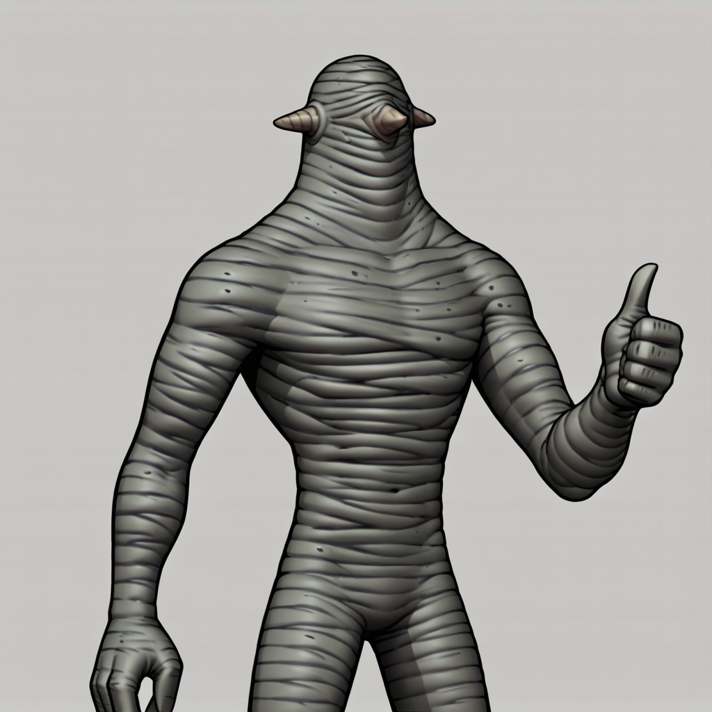 Zpdxl3,  Score_7_up, score_8_up, cowboy shot, monster, solo male, 2d, cel shading, cartoon, 
BREAK,
 PascaH, monster, grey skin, wrinkly body, horns, no face, thumbs up, simple background,