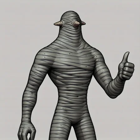 Zpdxl3,  Score_7_up, score_8_up, cowboy shot, monster, solo male, 2d, cel shading, cartoon, 
BREAK,
 PascaH, monster, grey skin, wrinkly body, horns, no face, thumbs up, simple background,