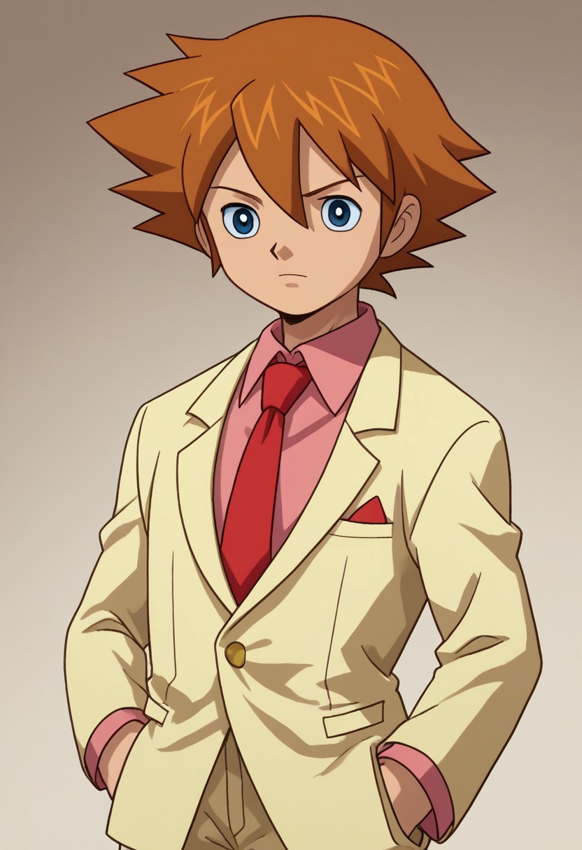 score_9, score_7_up, source_anime
chrisdyke, 1boy, male focus, solo, blue eyes, brown hair, short hair, spiked hair, hair beyween eyes, formal, shirt, collared shirt, pink shirt, necktie, red necktie, jacket, light brown jacket, long sleeves, pocket square,
indoor