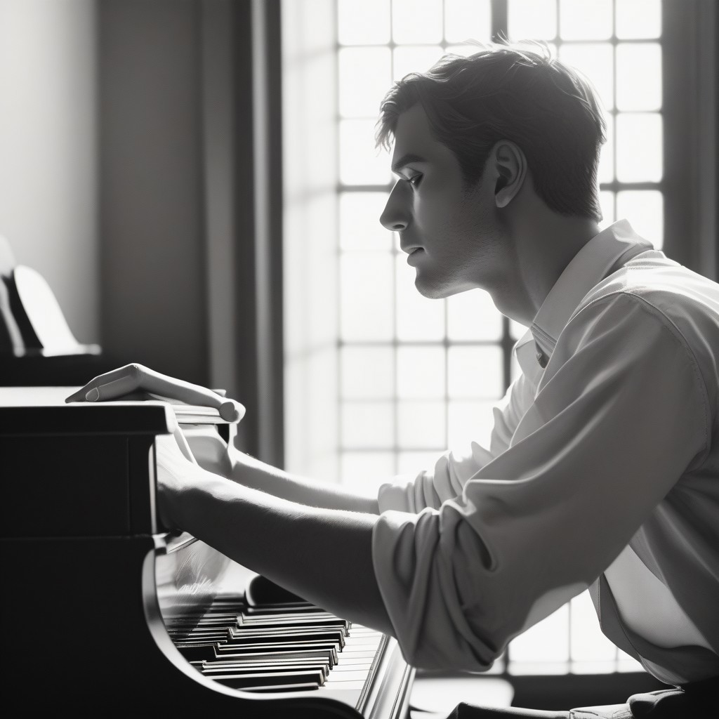 score_9, score_8_up, score_7_up, score_6_up, flmgr, flmgr, film grain, cinematic, cinematic light, 1boy, male focus, piano, window, solo, instrument, backlighting, indoors, monochrome, shirt, from side, profile, upper body, short hair, sleeves rolled up, long sleeves, collared shirt, paper, greyscale, blurry, realistic