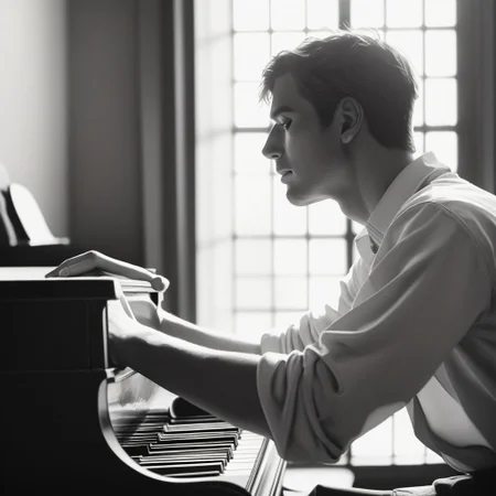 score_9, score_8_up, score_7_up, score_6_up, flmgr, flmgr, film grain, cinematic, cinematic light, 1boy, male focus, piano, window, solo, instrument, backlighting, indoors, monochrome, shirt, from side, profile, upper body, short hair, sleeves rolled up, long sleeves, collared shirt, paper, greyscale, blurry, realistic