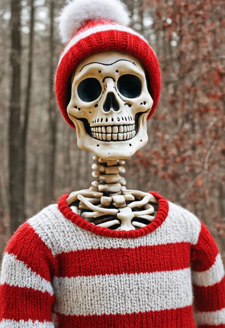 (masterpiece),
a skeleton in waldo outfit, "404 not found" text,
red and white sweater,
ultra realistic, HDR, intricate details,