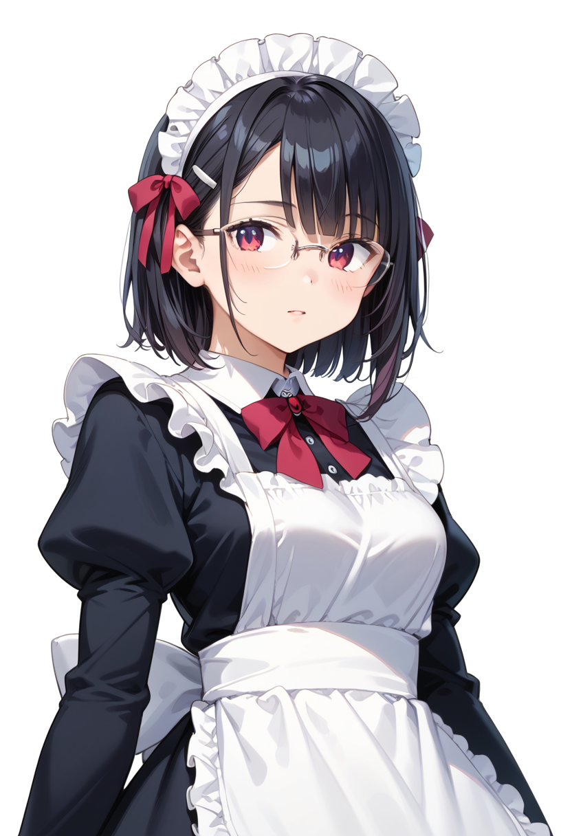 score_9, score_8_up, score_7_up, rating_safe, masterpiece, best quality, absurdres, unity 8k wallpaper, official art, official style, source_anime, uncensored, game cg, megami magazine,
1girl, solo, black hair, medium hair, upper body, covered eyes,maid, maid headdress, black dress, maid apron, face focus,
halfrim17s,  still life, white background, simple background, grey-framed eyewear,
 <lora:glasses_halfrim17S_PONY_V1:1>